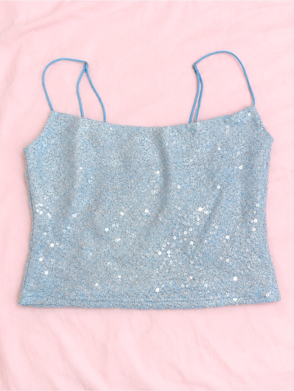 🍒 EDIKTED LIKE NEW Icy Blue Y2K Shimmer Sequin Crop Cami Party Top Sz Small